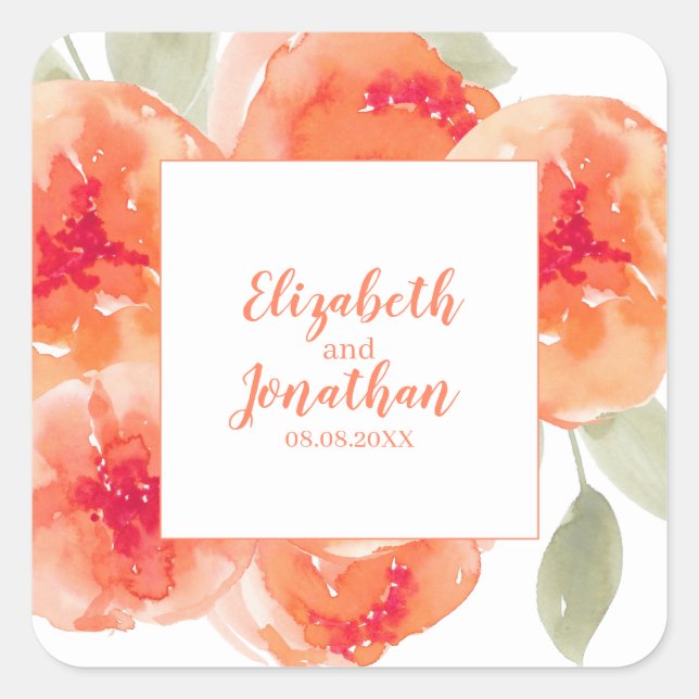 Sticker Carré Elégant Aquarelle Pêche pivoines Floral Mariage (Devant)