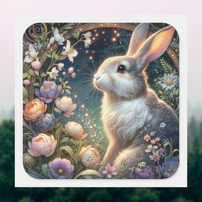 Sticker Carré Elégant Art Nouveau Floral Rabbit Pâques (Créateur téléchargé)