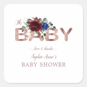 Sticker Carré Elégant Baby shower Bleu Floral or de Bourgogne