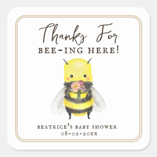 Sticker Carré Elégant Baby shower d'abeille et de fleurs Favoris (Devant)