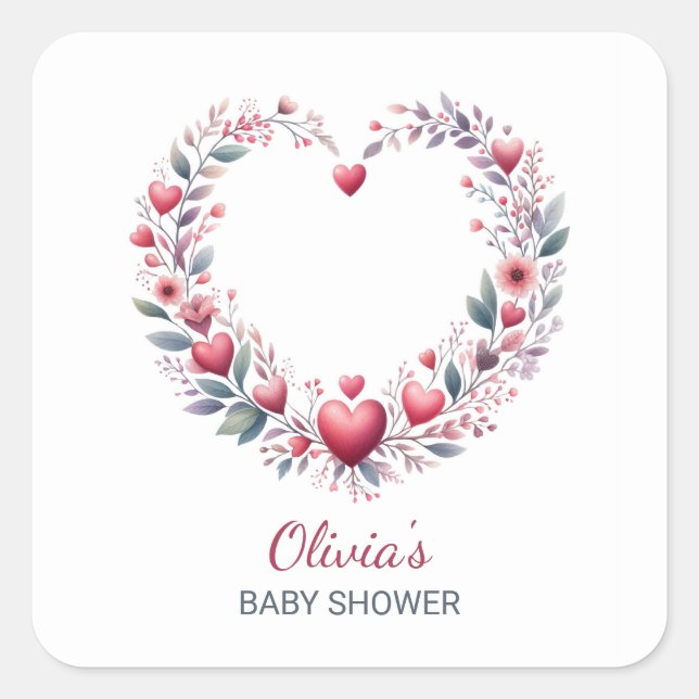 Sticker Carré Elégant Baby shower de coeur floral rouge Envelopp (Devant)