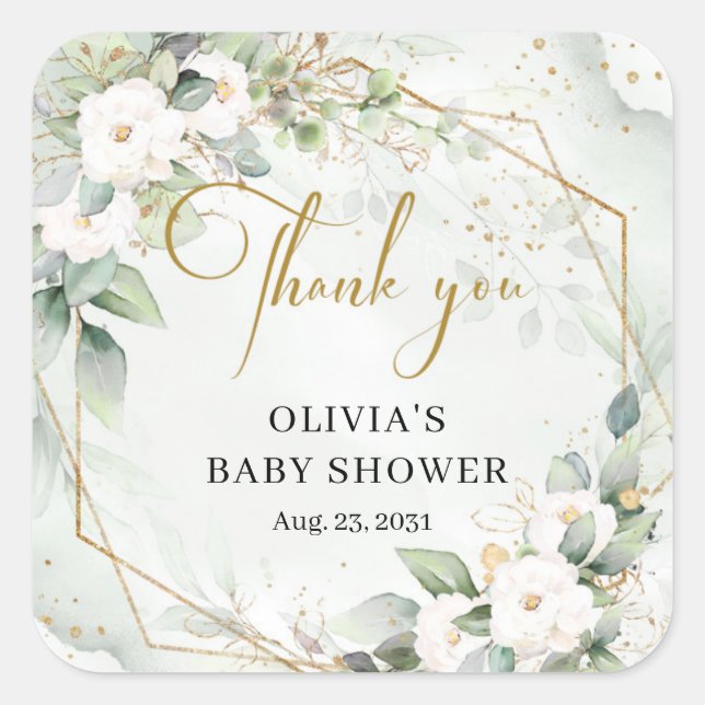 Sticker Carré Élégant Baby shower de fleurs vert et or blanc (Devant)