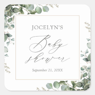 Sticker Carré Elégant Baby shower Eucalyptus verdoyant