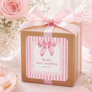 Sticker Carré Élégant Baby Shower Ruban Rose