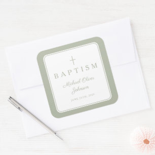 Sticker Carré Élégant Baptême de Garçon Croix Vert Sauge