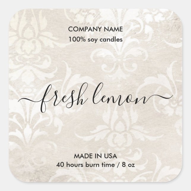 Sticker Carré élégant beige damassé rustique bougie produit étiq (Devant)