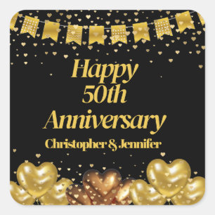 Sticker Carré Élégant Black & Gold moderne Joyeux 50e anniversai