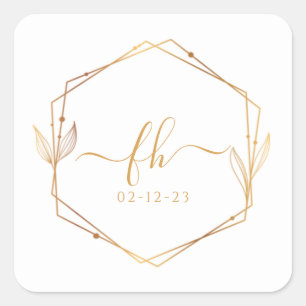 Sticker Carré Elégant Blanc Or Luxe Floral Mariage Monogramme
