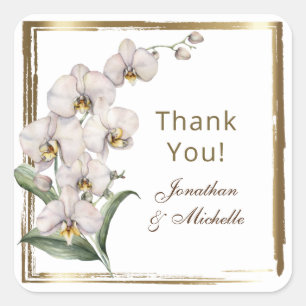 Sticker Carré Elégant blanc Orchidées Gold Frame Merci Mariage