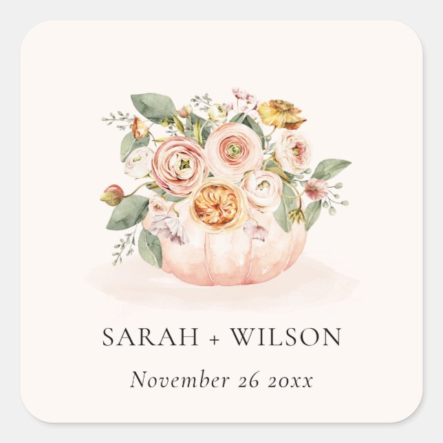 Sticker Carré Élégant blanc rose rose Citrouille Mariage floral (Devant)