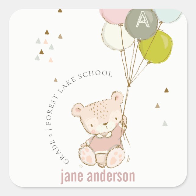 Sticker Carré Élégant Bleu Bleu Ours Blonde Enfants Monogramme (Devant)