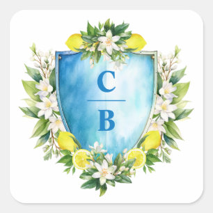 Sticker Carré Élégant bleu Floral citron Crest Monogram Mariage