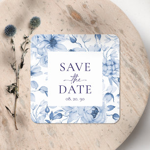 Sticker Carré Elégant bleu floral "Save the Date" Mariage