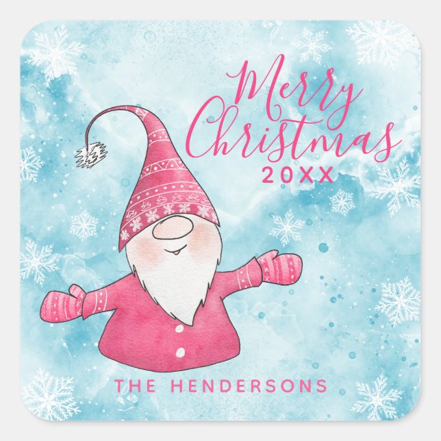 Sticker Carré Elégant bleu neigeux et rose Gnome Joyeux Noël (Devant)