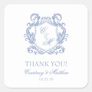 Sticker Carré Élégant Bleu Poussiéreux Monogramme Crête Merci