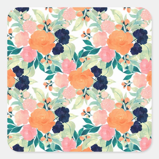 Sticker Carré Elégant bleu rose orange Fleurs d'aquarelle Floral (Devant)