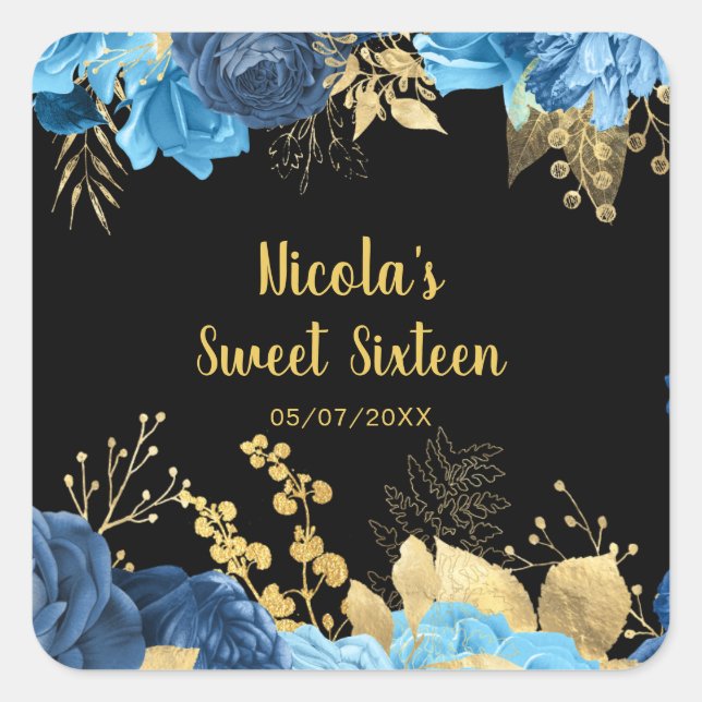 Sticker Carré Elegant Blue and Gold Flowers Sweet Sixteen (Devant)