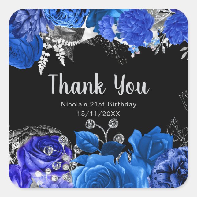 Sticker Carré Elegant Blue and Silver Flowers Birthday Party (Devant)