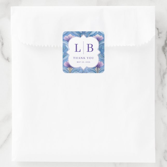 Sticker Carré Elegant Blue Floral Initials (Sac)