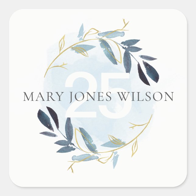 STICKER CARRÉ ÉLÉGANT BLUE GOLD FOLIAGE WREATH TOUT ÂGE ANNIVERS (Devant)