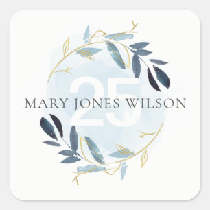STICKER CARRÉ ÉLÉGANT BLUE GOLD FOLIAGE WREATH TOUT ÂGE ANNIVERS
