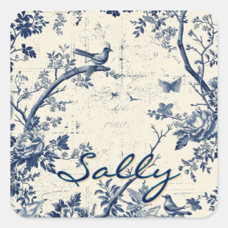 Sticker Carré Elegant Blue Toile Bird Floral Pattern