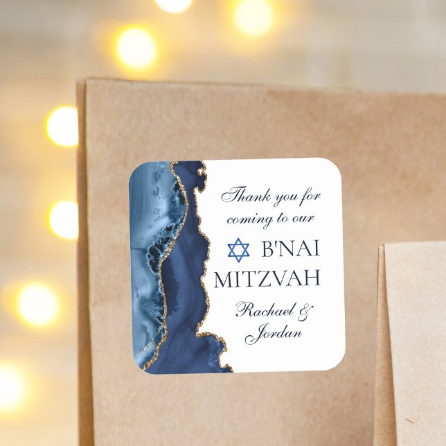 Sticker Carré Élégant B'nai Mitzvah Navy Blue Gold Agate Party (Créateur téléchargé)
