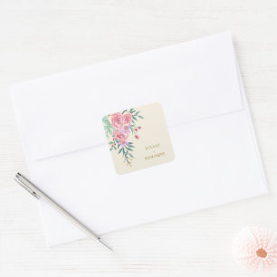 Sticker Carré Élégant Boho Rose Pâle Floral Aquarelle Mariage
