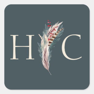 Sticker Carré Elégant Boho Rustique Pampas & Pine Vert Tan Rouge