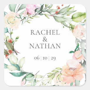 Sticker Carré Élégant cadeau de mariage floral à l'aquarelle