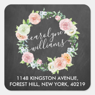 Sticker Carré Élégant Chalkboard Floral Wreath Return Adresse
