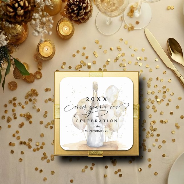 Sticker Carré Elegant Champagne and Balloons New Year's Eve (Elegant Champagne and Balloons New Year's Eve Square Stickers)