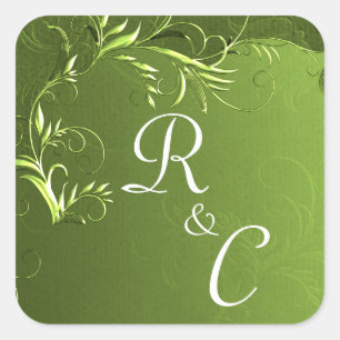 Sticker Carré Élégant Chartreuse Vert Mariage Monogramme