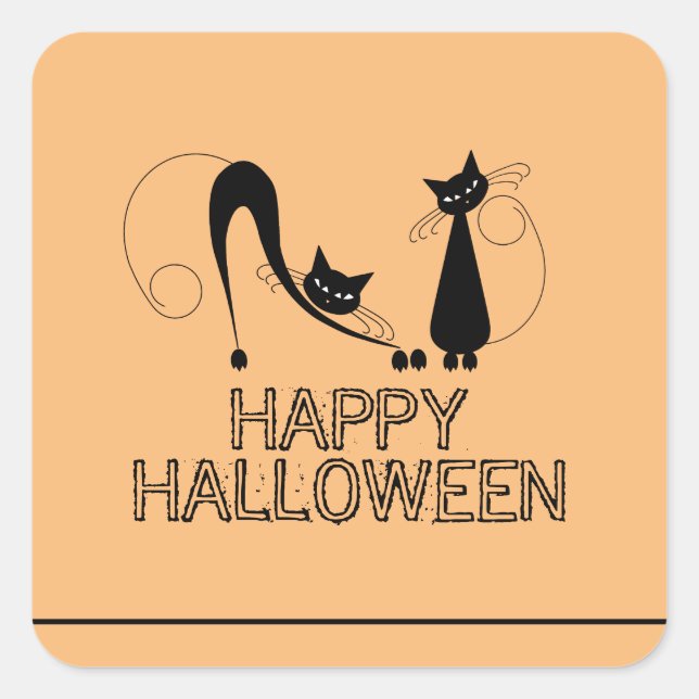 Sticker Carré Élégant chat noir, Joyeux Halloween (Devant)