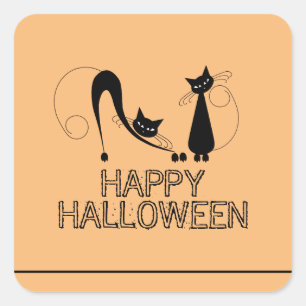 Sticker Carré Élégant chat noir, Joyeux Halloween