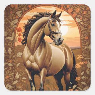 Sticker Carré Élégant Cheval Vintage Par Coucher De Soleil