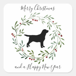 Sticker Carré Élégant chien Joyeux Noël Wreath Black Labrador