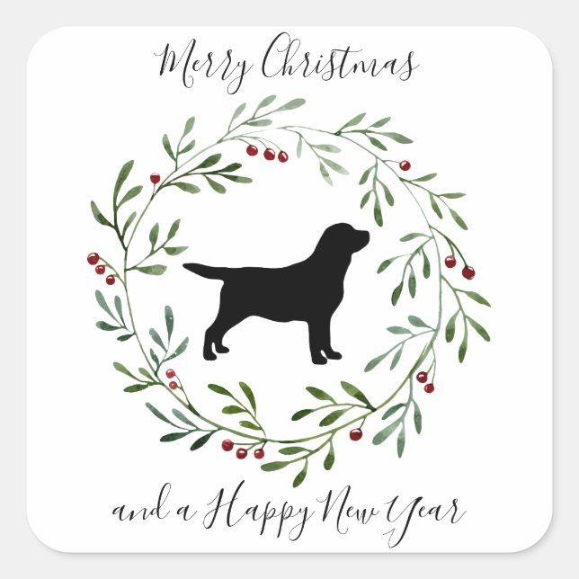 Sticker Carré Élégant chien Joyeux Noël Wreath Black Labrador (Devant)