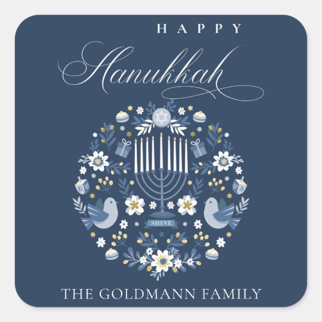 Sticker Carré Elégant Classy Navy Blue Happy Hanoukka Floral (Devant)