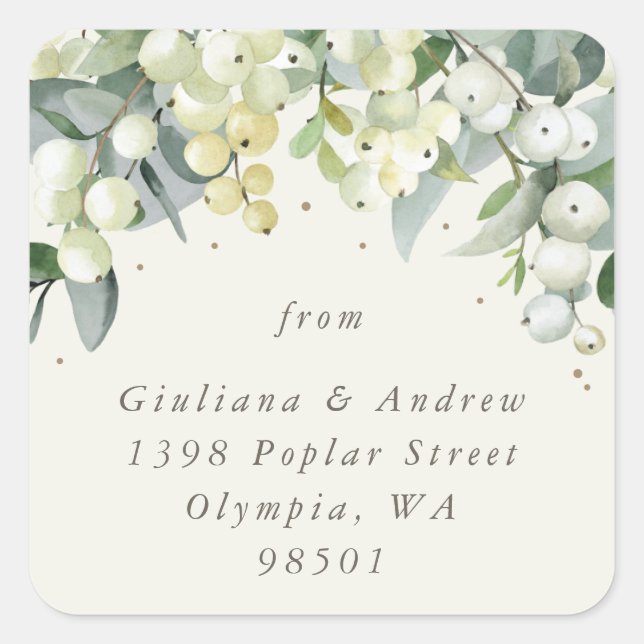 Sticker Carré Elegant Crème Snowberry+Eucalyptus Adresse Classic (Devant)