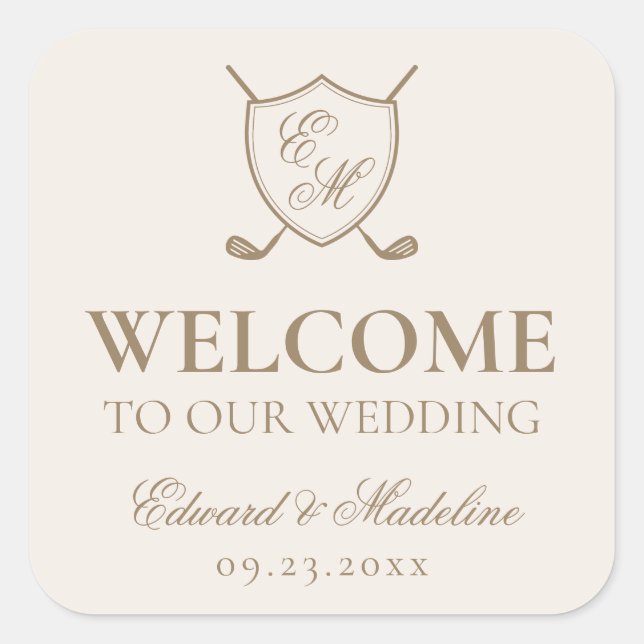 Sticker Carré Élégant Crest Monogram Golf Mariage Welcome Bag (Devant)
