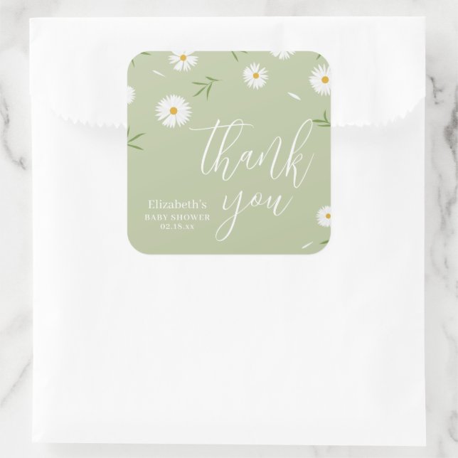 Sticker Carré Elegant Daisy Genre Neutre Baby shower Merci (Sac)