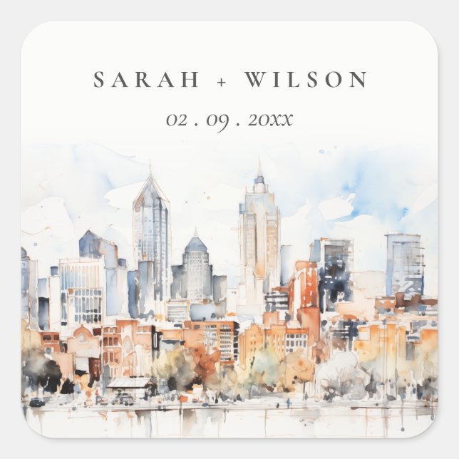Sticker Carré Elégant Denver Colorado Skyline Watercolor Mariage (Devant)