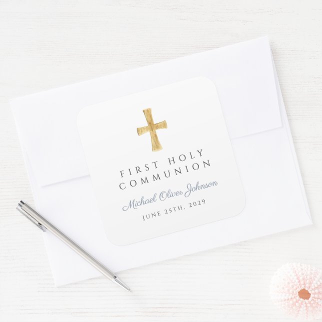 Sticker Carré Elegant Dusty Blue Cross Boy First Communion  (Enveloppe)