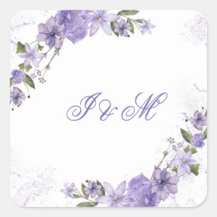 Sticker Carré Élégant Faire-part de mariage Floral Violet
