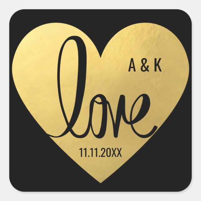 Sticker Carré Elégant Faux Gold Foil LOVE Black Mariage (Devant)