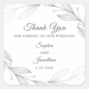 Sticker Carré Élégant Feuille Mariage en argent Merci