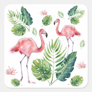 Sticker Carré      Élégant Flamant rose rose Feuille tropical 