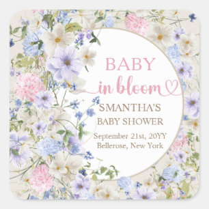 Sticker Carré Élégant Fleur sauvage Meadow Baby shower rose pâle