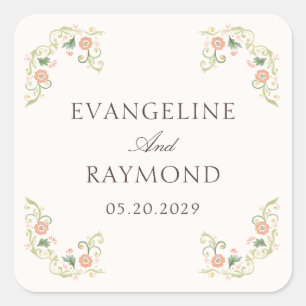 Sticker Carré Élégant floral aquarelle mariage rococo 
